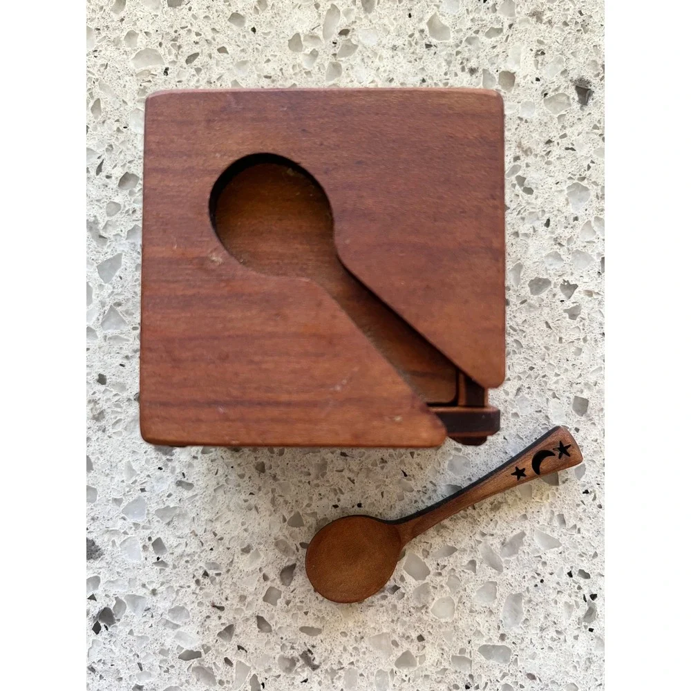 MoonSpoon Wooden Salt Cellarwith Celestial Moon Star Spoon Spice Box Handcrafted
